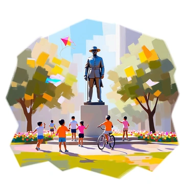 A majestic statue of Sam Houston stands prominently in the center of a city park, depicting him in a proud, commanding pose. The statue is made of bronze, showcasing intricate details of his uniform and facial expression. Surrounding the statue, several children are playing joyfully on the grass. Some are flying kites, while others are playing tag or riding bicycles. Colorful flowers bloom in the park, and tall trees provide shade, creating a lively and vibrant atmosphere. The sun casts gentle shadows, adding depth to the scene.