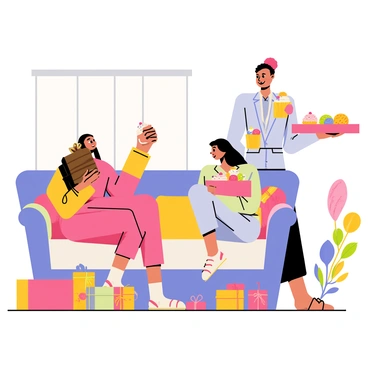 Two stepsisters are sitting on a plush, oversized couch in a brightly lit room. They are surrounded by an array of colorful sweets and presents. The first stepsister has long, flowing hair and is wearing a vibrant pink dress, holding a large slice of chocolate cake with sprinkles on top. The second stepsister, dressed in a light blue outfit, is unwrapping a shiny red gift box filled with assorted candies. Their mother, standing nearby, is smiling and holding a tray filled with cookies and cupcakes. The room has pastel-colored walls and whimsical decorations, creating a cheerful atmosphere.