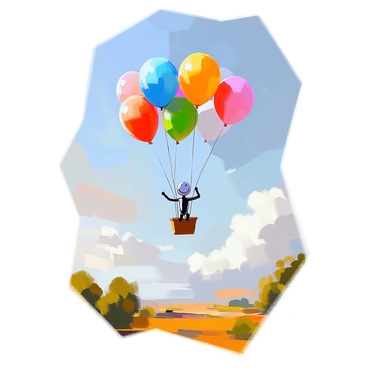 A stickman figure with a simple outline, arms and legs extended, is soaring high above the ground. He is holding onto several colorful balloons that float above him, each balloon in a vibrant shade of red, blue, yellow, and green. The ground below is a blur of colors, suggesting a landscape filled with trees and fields. The sky is a bright blue, dotted with fluffy white clouds. The stickman appears joyful, with a wide smile, as he ascends into the open air, surrounded by the cheerful balloons.