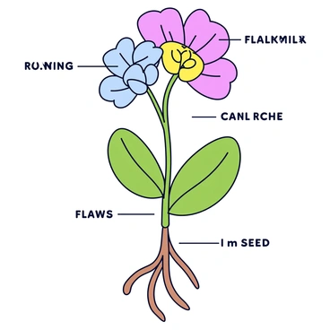 A detailed scientific diagram illustrating the anatomy of a plant. The diagram includes labeled parts such as the roots, stem, leaves, flowers, and seeds. Each part is represented with clear outlines and distinct colors. The roots are depicted extending into the soil, while the stem stands upright, supporting the leaves arranged in a symmetrical pattern. The leaves are shown with visible veins, and the flowers are depicted with vibrant petals. The seeds are illustrated inside the flower's ovary, showcasing their placement. Each labeled section is clearly readable and easy to identify.