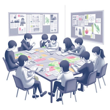 A classroom filled with students engaged in a creative activity. Several students are seated at a long table, surrounded by magazines and newspapers spread out across the surface. Each student is focused on their work, cutting out pictures and text with scissors. Colorful scraps are scattered around, showing evidence of their artistic process. A few students are discussing their ideas, while others are deeply concentrated, gluing their chosen images onto blank sheets of paper. The walls of the classroom are lined with educational posters, and the atmosphere is lively with collaboration and creativity.