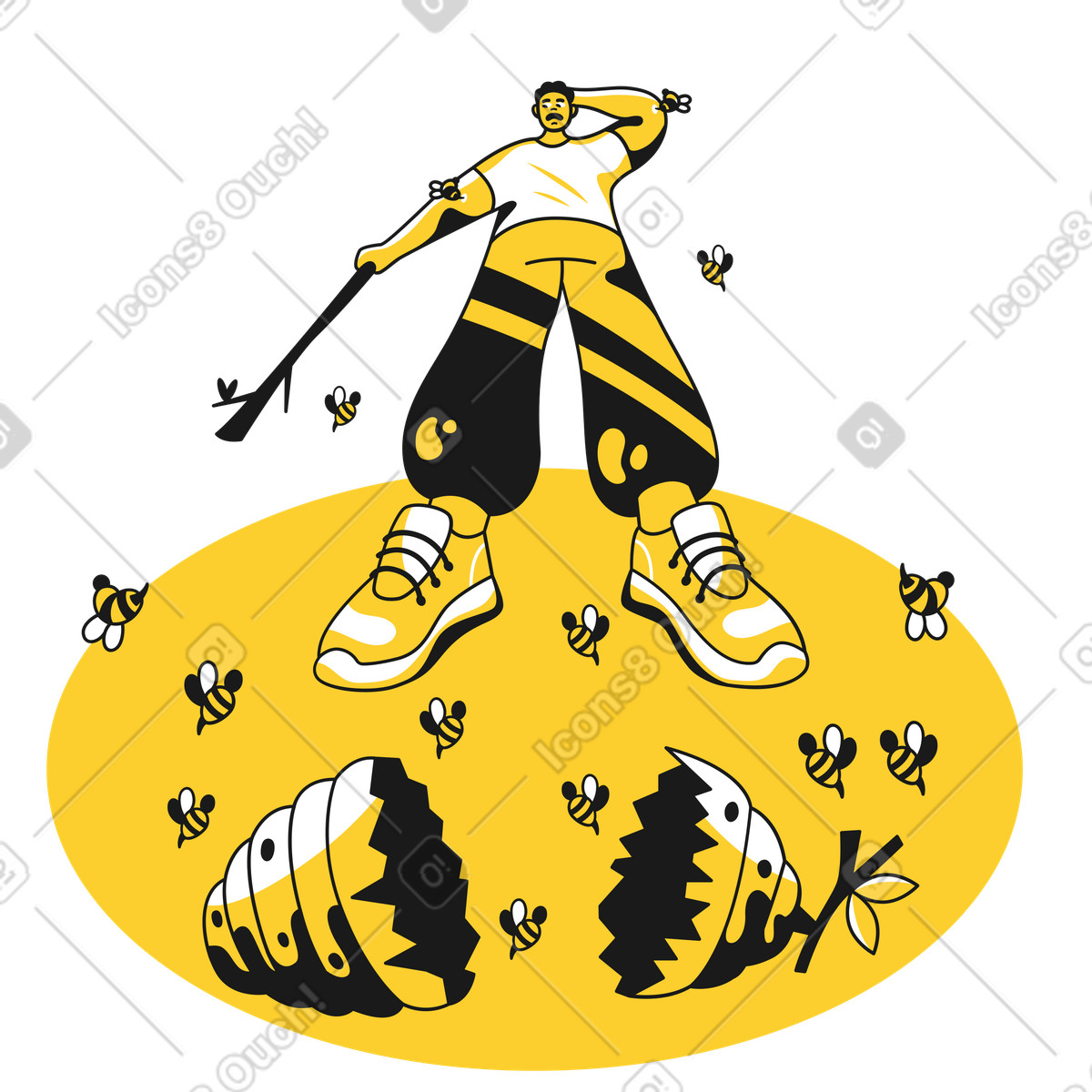 Breaking beehive with angry bees, Unforeseen incident or fatal error illustration in Taxi style download in PNG, SVG