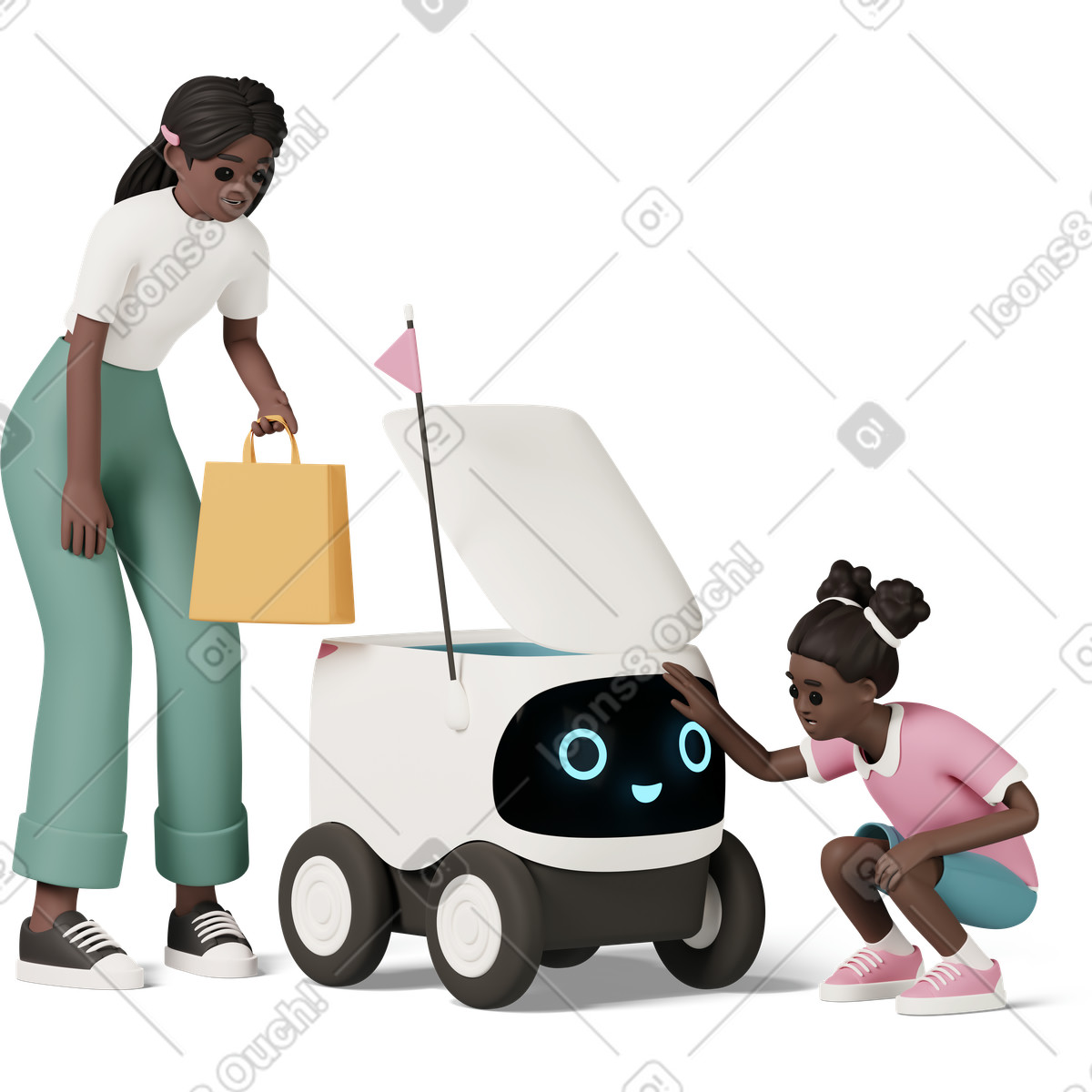 3D Casual life 스타일의 Two girls with delivery robot 일러스트레이션 PNG, SVG 다운로드