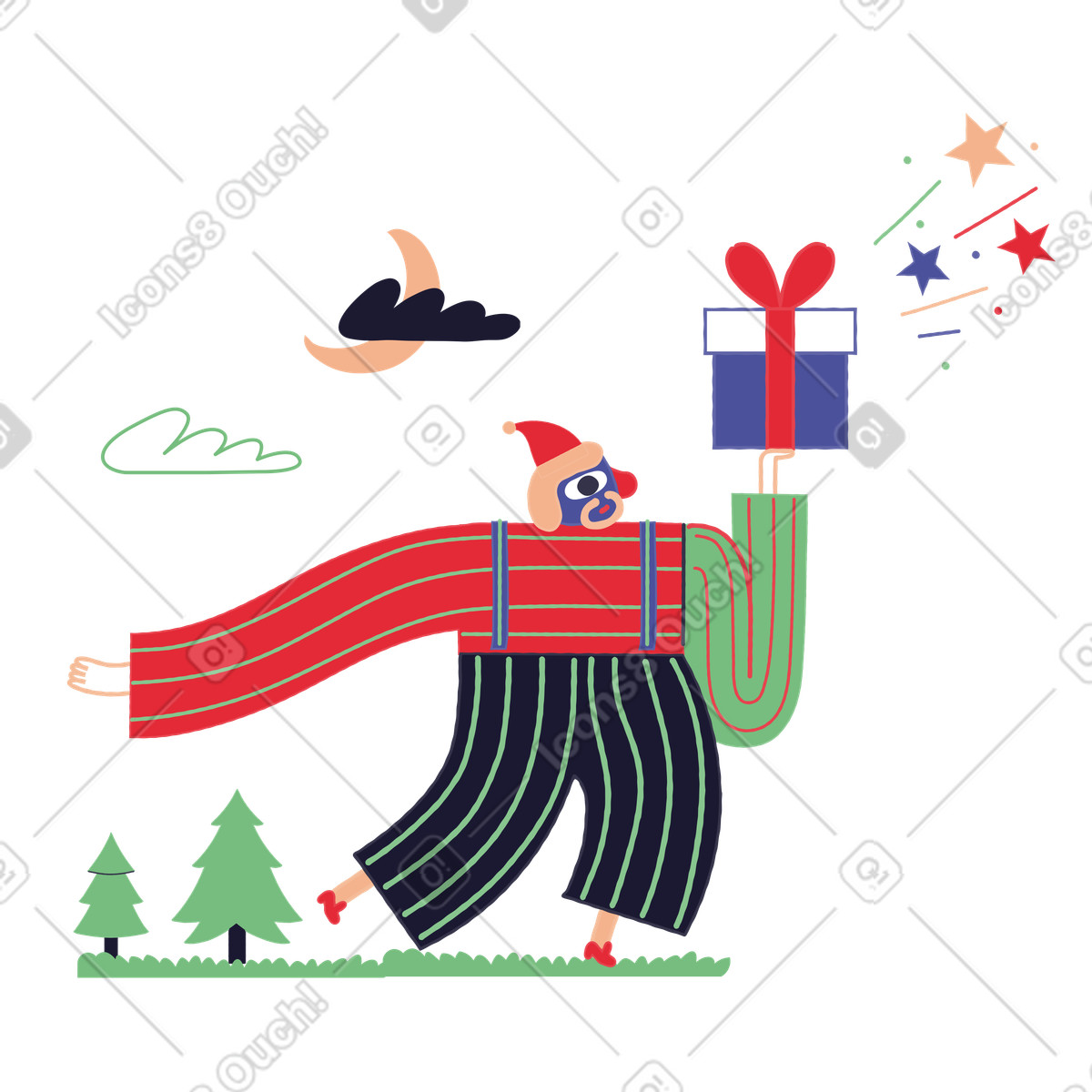 Ilustração de Homem com chapéu festivo carregando um presente em no estilo Stripy para baixar em PNG, SVG
