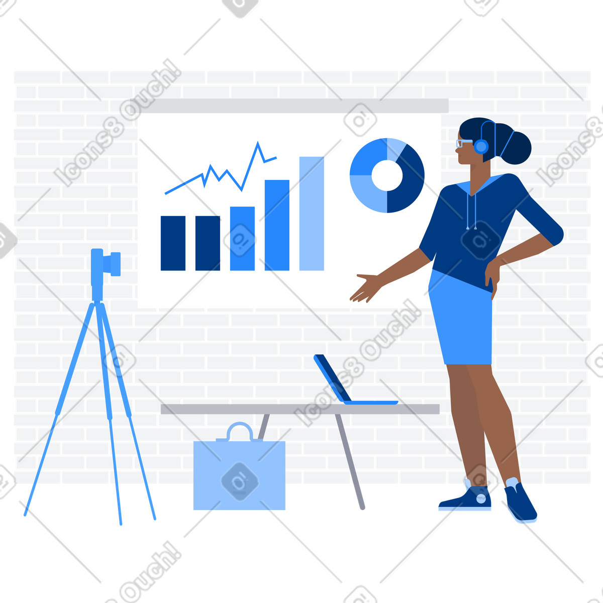 Illustration Analyse des données pédagogiques professionnelles en classe virtuelle, stratégies efficaces de formation ligne dans le style Urban à télécharger aux formats PNG, SVG