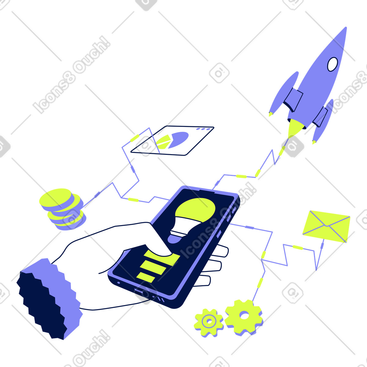 Hand mit einem smartphone und dem start eines startups-Illustration im Glow-Stil als Download in PNG, SVG