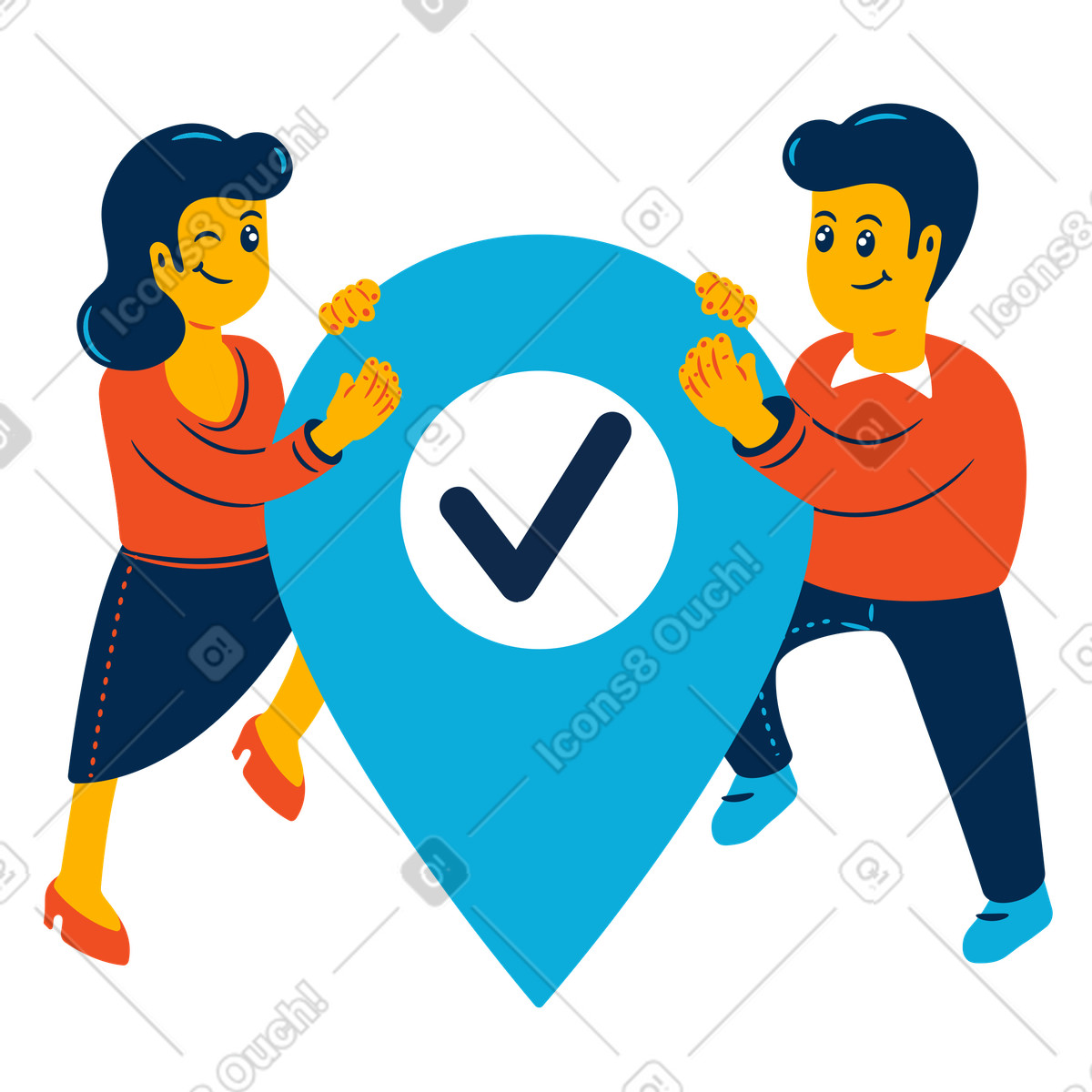 Colleagues holding verified location pin, access confirmation illustration in Flame style download in PNG, SVG