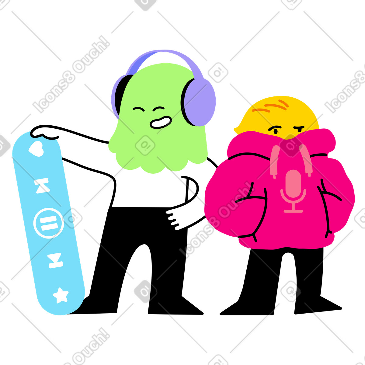 Ilustración Personajes escuchando música y podcasts. en estilo Giggle a descargar en PNG SVG