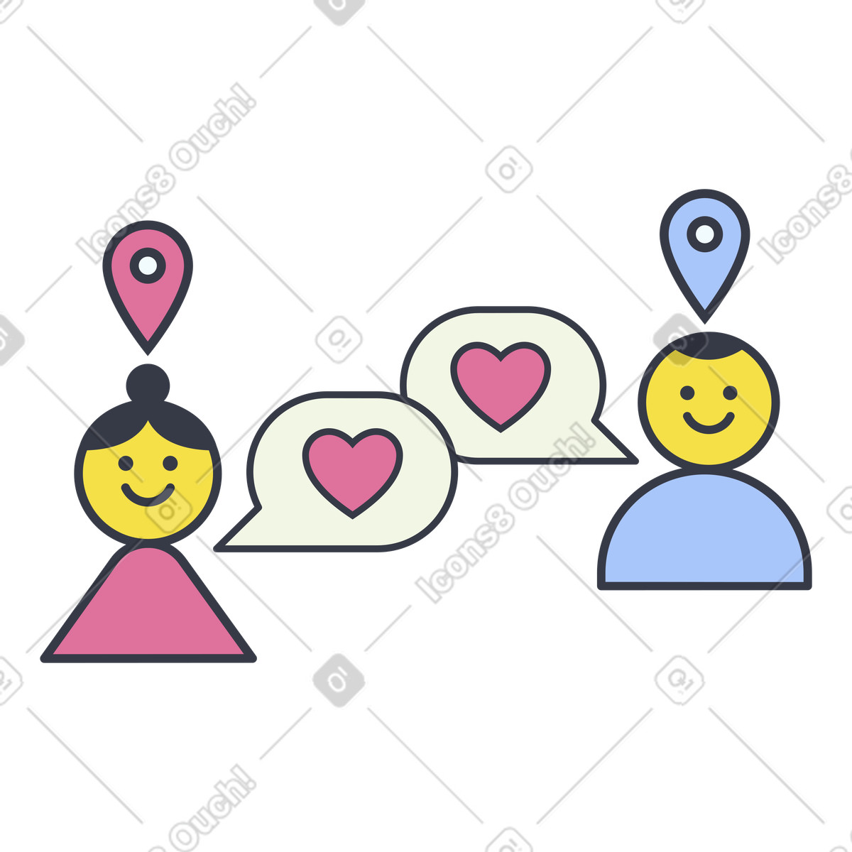 Paar mit liebesbotschaften und standort-pins, fernbeziehung oder online-dating-Illustration in PNG, SVG