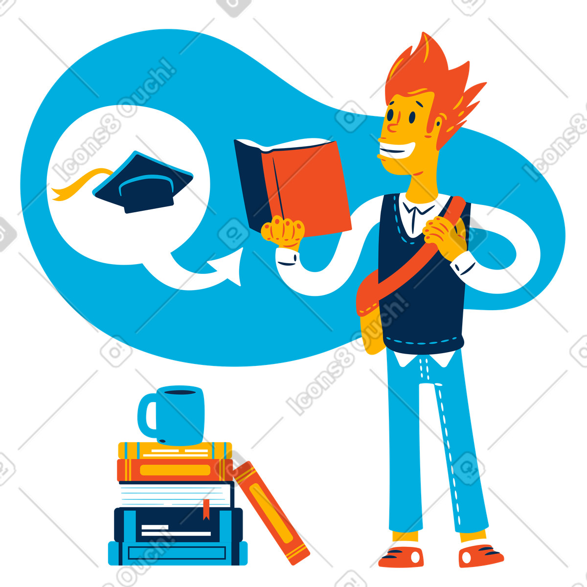 Happy student reading book, Preparing for exams or self-education illustration in Flame style download in PNG, SVG