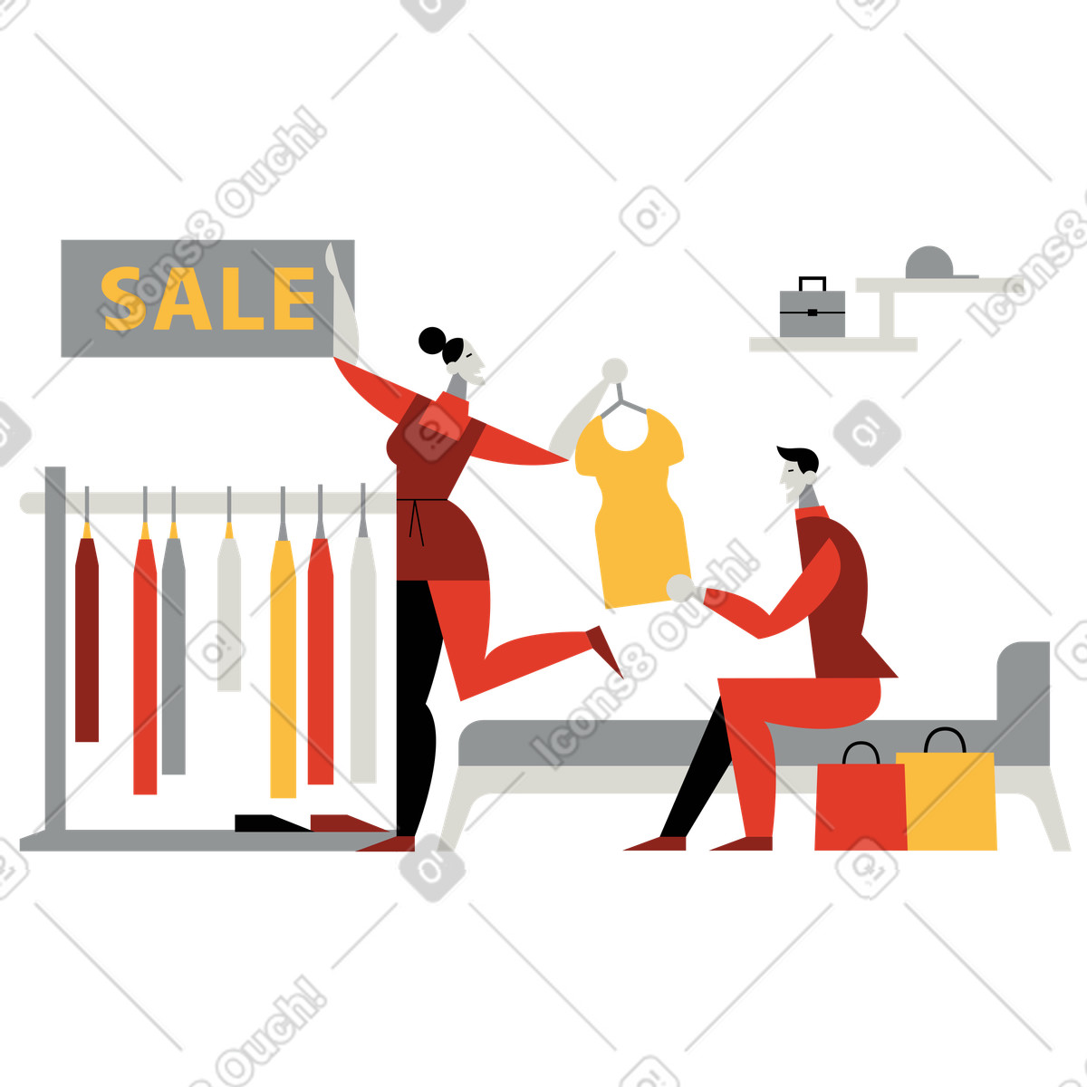 Ilustración Hombre y mujer de compras en venta estilo Burgundy a descargar PNG SVG