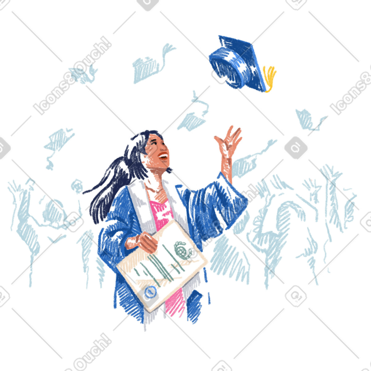 Young woman celebrating university graduation illustration in Sketchbook style download in PNG, SVG