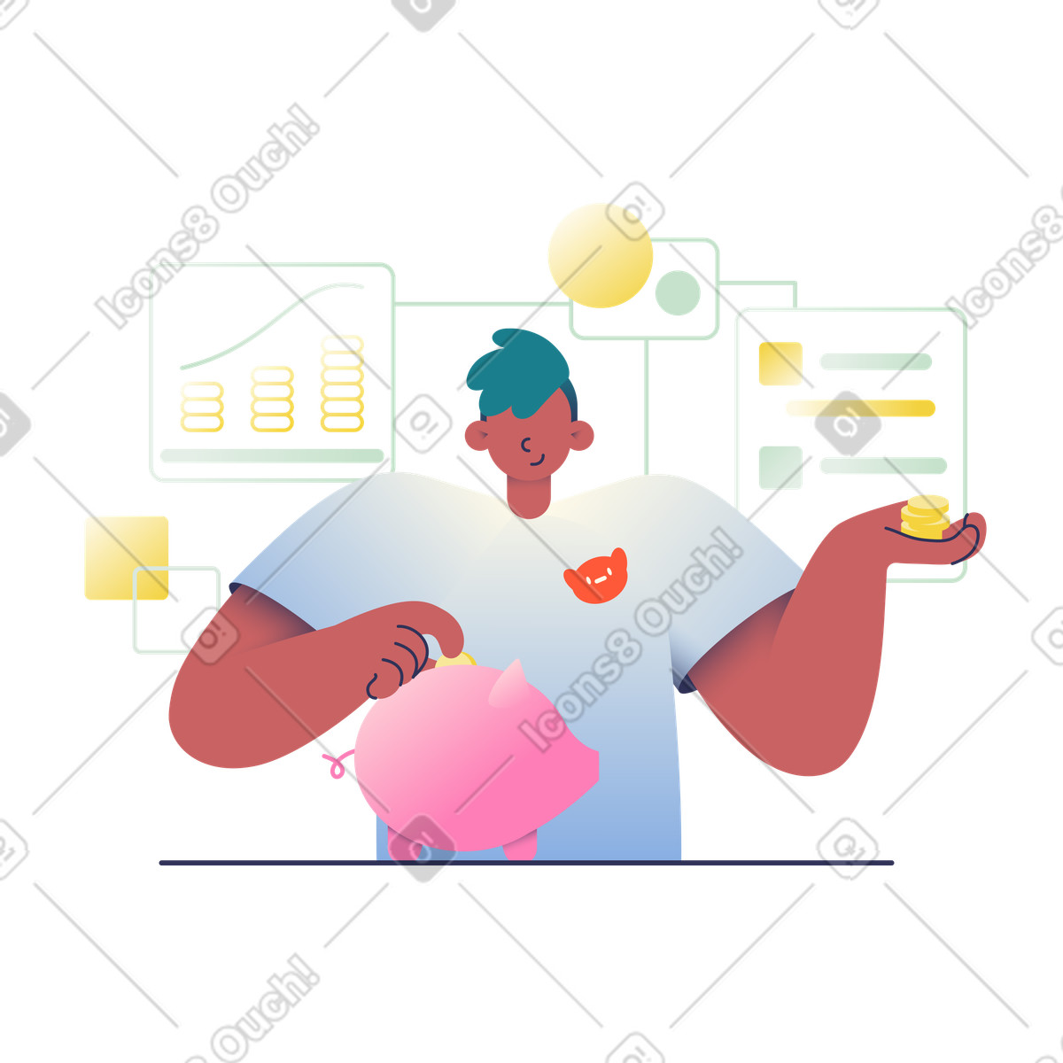 Putting coins in piggy bank  illustration in PNG, SVG
