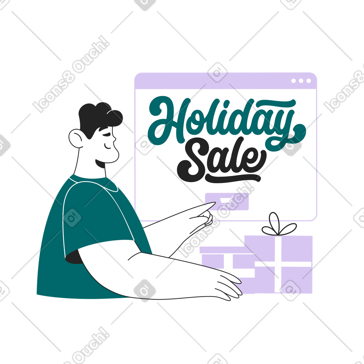 Lettering Holiday Sale with browser and gift boxes text illustration in Sammy Line style download in PNG, SVG