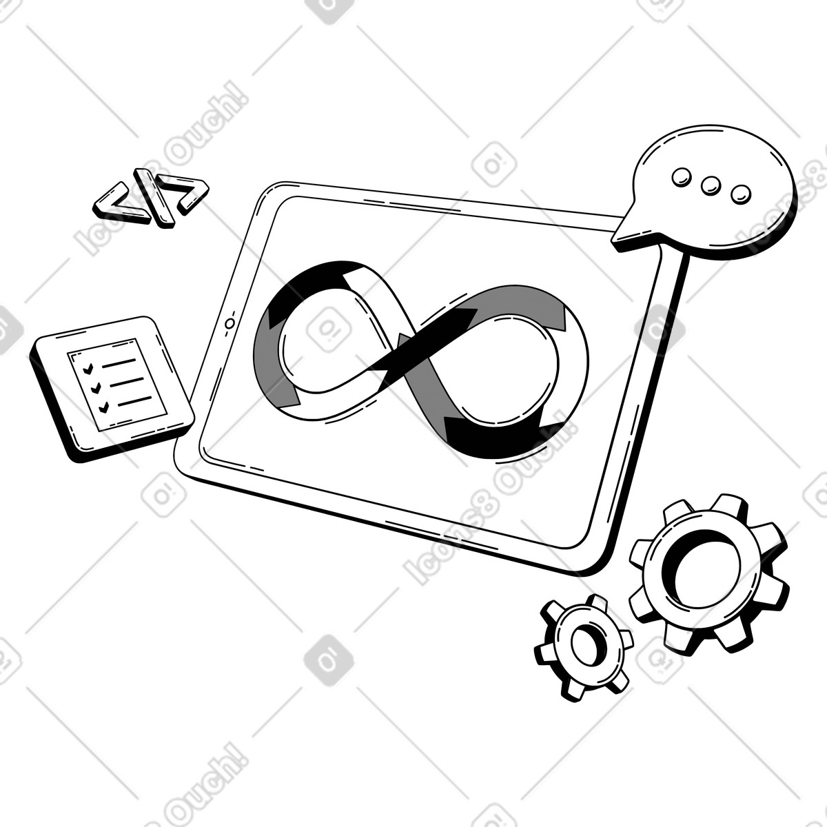 Ilustración animada Bucle infinito en tableta con símbolo de código, flujo trabajo desarrollo software y devops estilo 3D Techny Line a descargar GIF, Lottie (JSON), AE
