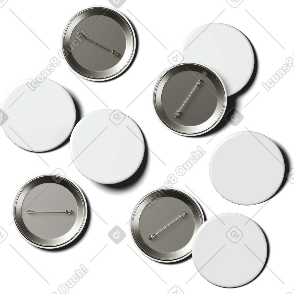 Blank round pin badges flat lay, Promotional merchandise mockup illustration in 3D Business style download in PNG, SVG