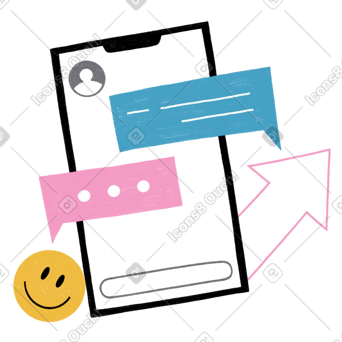 Smartphone with messenger chat screen illustration in Tutti style download in PNG, SVG