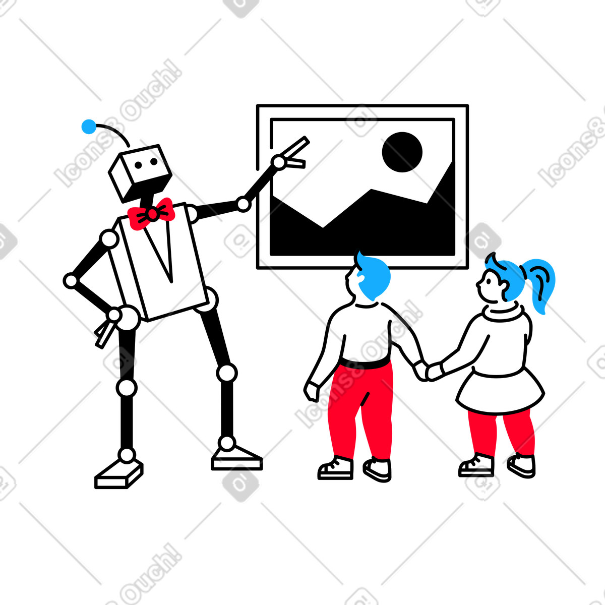 Tour-guide robot showing kids around art gallery animated illustration in Transistor style download in GIF, Lottie (JSON), AE