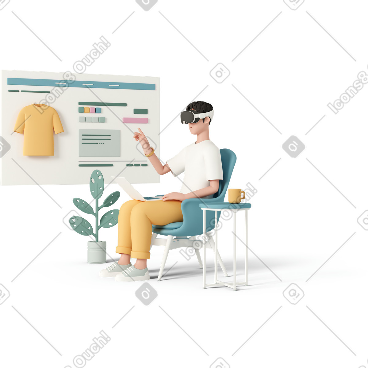 下载 3D Casual life 风格的 Man shopping in virtual reality glasses 插画，支持 PNG、SVG 格式