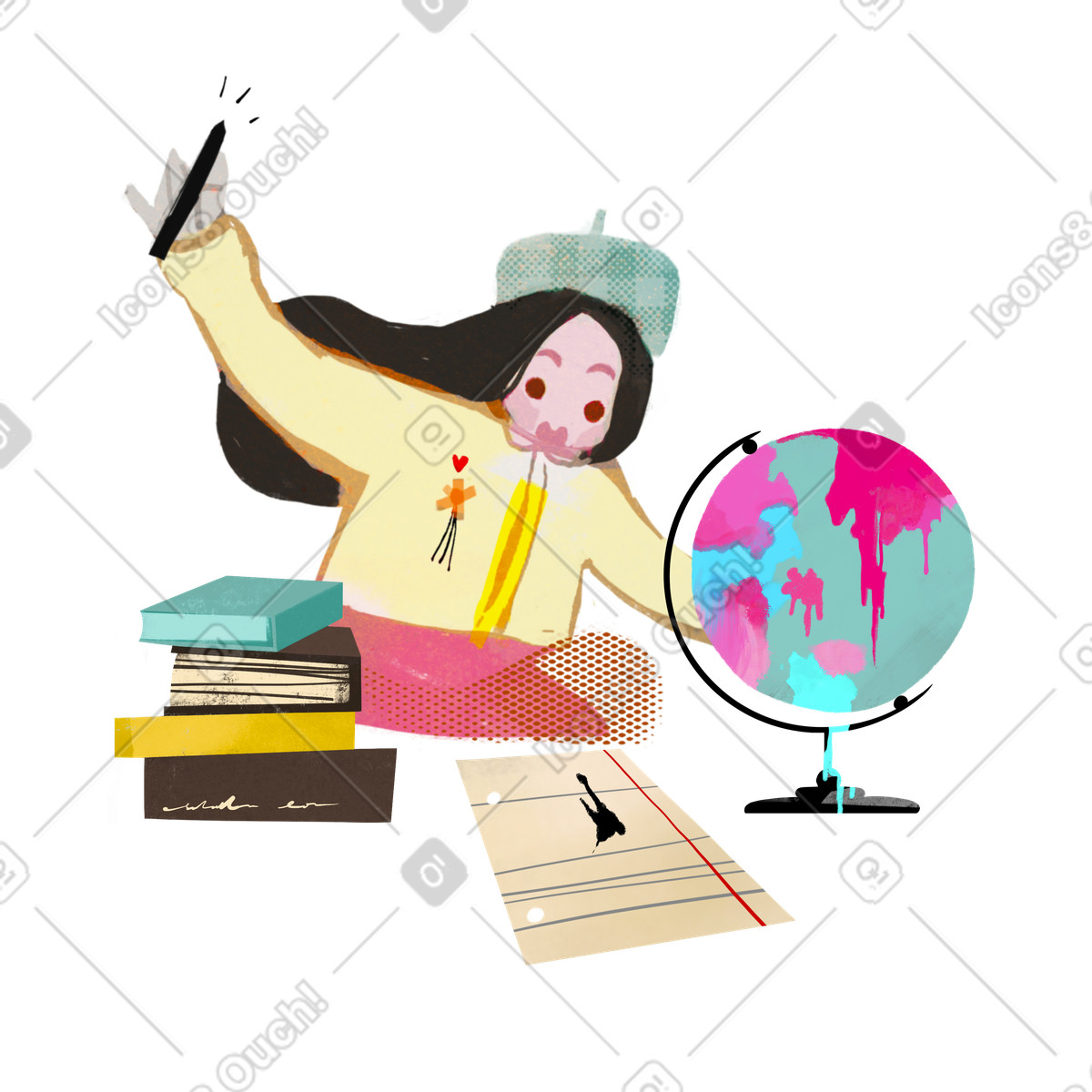 下载 Fabulous 风格的 有地球仪和书籍学习地理的女孩 插画，支持 PNG、SVG 格式