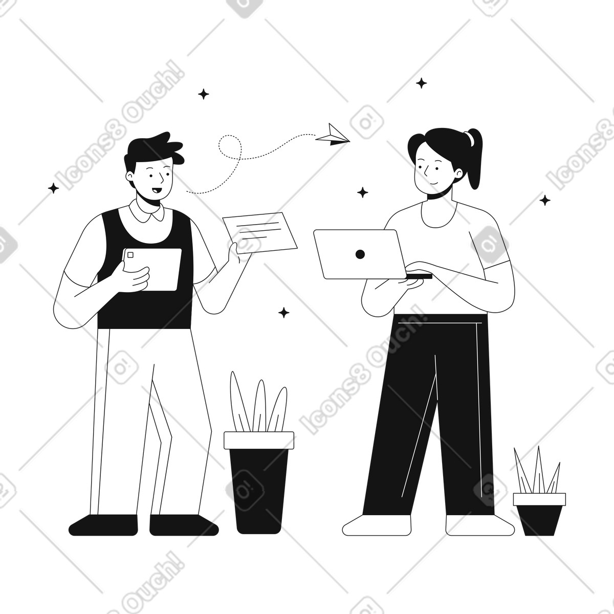 Ilustración Hombre enviando mensaje a mujer en línea estilo Teams descargar PNG y SVG