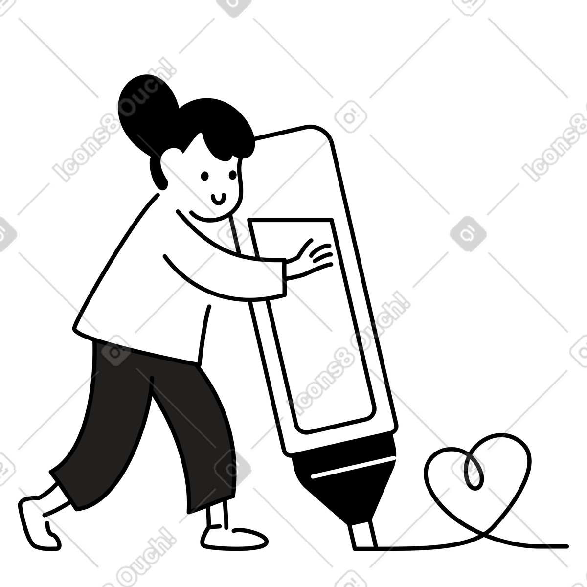 Smartphone user hugging large mobile screen expressing attachment and dependence-Illustration im Notion Line Art-Stil als Download in PNG, SVG