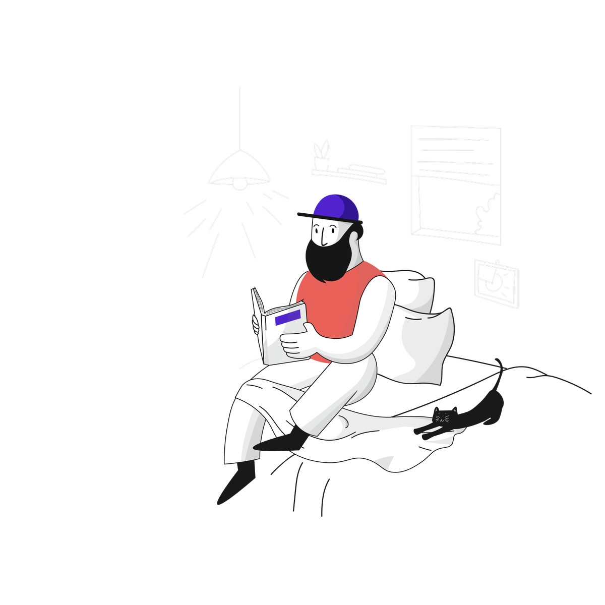 Ilustração de Relaxing in bed with book and pet, Reading time or evening routine for wellbeing em no estilo Pixeltrue para baixar em PNG, SVG