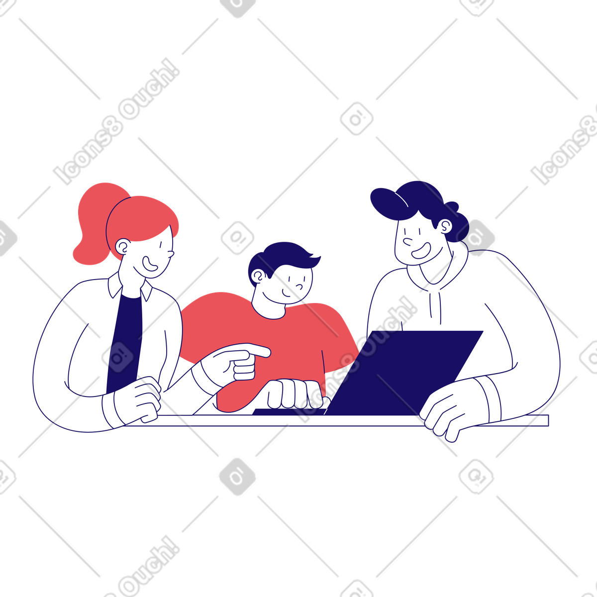 Ein team aus drei personen bespricht das projekt-Illustration im Bendy-Stil als Download in PNG, SVG