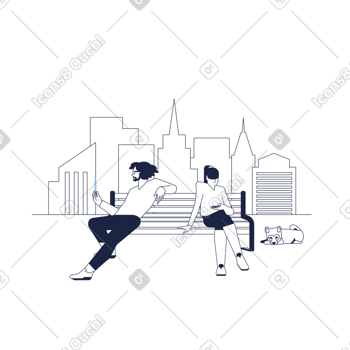 Ilustração de Couple on bench focused devices, Disconnect in relationships and communication em no estilo Urban Line para baixar em PNG, SVG