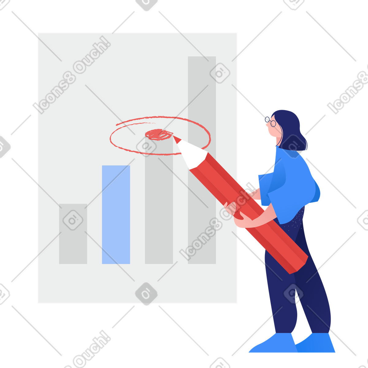 Frau hält einen vortrag mit statistischen daten-Illustration im Clip-Stil als Download in PNG, SVG