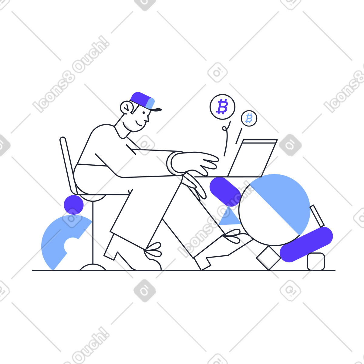 Uomo con un laptop che investe in bitcoin illustrazione animata stile Pablita scaricabile GIF, Lottie (JSON), AE