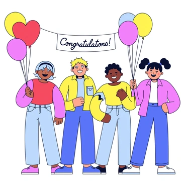 A group of four friends standing together, all smiling broadly. Each friend has a unique hairstyle and is wearing colorful clothing. They are holding a variety of balloons in different shapes and colors, including a heart-shaped red balloon and a round blue one. In the background, there are subtle details like a small table with a congratulatory banner that reads "Congratulations!" in playful letters. The atmosphere suggests a joyful celebration.