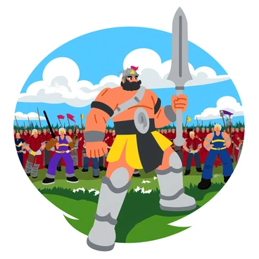 "Kratos" is depicted at the forefront, wielding a massive weapon with a fierce expression. He is dressed in detailed armor featuring intricate designs, showcasing his muscular physique. Surrounding him are "warriors," each brandishing various weapons like swords and shields, also wearing armor that reflects their readiness for battle. The background shows a vast expanse of an enemy army, with banners flapping and warriors poised for combat. The scene captures the intensity of the moment, with "Kratos" leading the charge with determination and strength. The sky above is filled with dramatic clouds, adding to the atmosphere of the impending clash.
