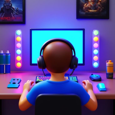 A gamer sitting at a desk in front of a large monitor, intensely focused on the screen. The gaming setup features a colorful keyboard with backlit keys and a vibrant gaming mouse. Surrounding the monitor are multiple RGB LED lights, casting a variety of hues around the room. The gamer is wearing a headset with a microphone, and their expression shows concentration. On the desk, there are game controllers and energy drinks. In the background, posters of popular video games are visible on the walls.