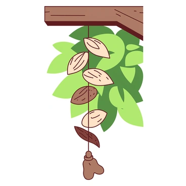 A duotone windchime is suspended from a wooden beam. The windchime features several hand-carved wooden pieces in the shape of leaves and circles. Dangling from the bottom of the windchime, there is a small, detailed rabbit's foot, brown in color. The windchime sways gently in the breeze, creating a subtle sound as the wooden pieces clink against each other. The background consists of a soft focus of green leaves.