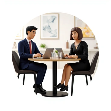 Two business partners, a man and a woman, are seated at a round table in a modern restaurant. The man has short black hair and is wearing a navy suit with a white shirt and a red tie. The woman has shoulder-length brown hair and is dressed in a fitted black dress with a silver necklace. They both have laptops open in front of them and are reviewing documents together. On the table, there are two plates of food, a glass of water, and a small vase with a flower. The ambiance of the restaurant includes stylish decor with soft lighting and contemporary artwork on the walls.
