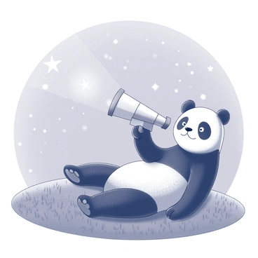 A panda bear is lying comfortably on a grassy hilltop. The panda is holding a telescope, directed towards the night sky. The sky is clear and filled with numerous stars. The panda's distinctive black and white fur contrasts with the surrounding landscape. The telescopic lens is focused on a bright star or constellation. The scene captures a peaceful moment of the panda engaging in stargazing.