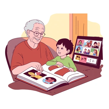 An elder with gray hair is sitting in a cozy living room, smiling as they show a young child a large, open traditional photo album. The album is filled with colorful photographs, and the elder is pointing to a picture, engaging the child's curiosity. Next to them, a modern digital photo frame displays a slideshow of vibrant images. The warm light of the room creates a comfortable atmosphere, highlighting the moment shared between the elder and the child. The child's expression is one of fascination as they look at the album and then at the digital frame.