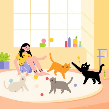 Kanako, a young girl with long black hair and wearing a colorful dress, is sitting on a soft, fluffy rug in a sunny room. She is surrounded by a group of playful cats, including a fluffy white Persian cat, an orange tabby cat, and a sleek black cat. The room is filled with various toys, including colorful balls, feathered wands, and small scratching posts. Sunlight streams in through the large windows, casting warm rays across the floor. Kanako is laughing and gently tossing a ball towards one of the cats, who is leaping excitedly to catch it.