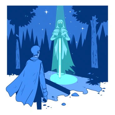 A blue hero wearing a flowing cape stands at a crossroads, illuminated by starlight. The hero gazes intently at a tall figure emerging from the shadows, who is a teal ally with glowing eyes. The ally holds a shining sword, reflecting the starlight above, and their posture conveys strength and confidence. Surrounding the crossroads are tall trees, their dark silhouettes contrasting with the bright starlit sky. The ground is uneven, with patches of grass and small stones scattered throughout. The scene captures a moment of anticipation as the two figures prepare to join forces.