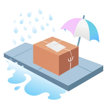 A parcel is placed on a wet city sidewalk, surrounded by a collection of small raindrops splashing around it. The parcel is wrapped in brown paper and tied with twine, with a visible address label on top. Puddles of rainwater form on the sidewalk, reflecting the gray sky above. Nearby, a pair of colorful umbrellas can be seen partially open, hinting at the rainy atmosphere. The ground is slick and shiny from the downpour, enhancing the scene's vividness.