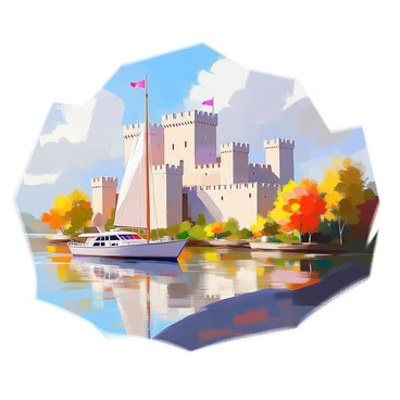 A grand fortress built with stone walls stands majestically on the banks of a winding river. The fortress features tall towers with battlements, and its sturdy architecture reflects strength and resilience. Nestled beside the fortress, several boats are gently floating on the river's surface, their sails billowing softly in the breeze. The river meanders gracefully, reflecting the fortress and surrounding scenery in its waters. Lush greenery and vibrant trees line the riverbanks, adding a touch of nature to the scene.