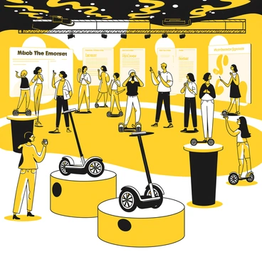 A spacious exhibition hall filled with people exploring various technological innovations. In the center, several mini segway models are prominently displayed on sleek black pedestals. Each segway features a compact design with futuristic lines and a glossy finish. Attendees, dressed in modern attire, are interacting with the exhibits, some taking pictures while others test ride the segways. Bright white lights illuminate the area, highlighting the details of the segways. Digital screens in the background showcase the features and specifications of each model.
