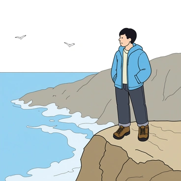 A person with medium skin and short black hair stands on a rugged cliff with a rocky surface, gazing thoughtfully at the vast ocean below. The individual is wearing a light blue jacket that flutters in the strong wind, paired with dark jeans and sturdy hiking boots. The person's expression is focused, with their brow slightly furrowed as they gaze into the distance. The ocean waves crash against the cliffs, creating white foam, while a few birds can be seen soaring in the sky above. The scene captures the feeling of isolation and contemplation amidst nature’s grandeur.