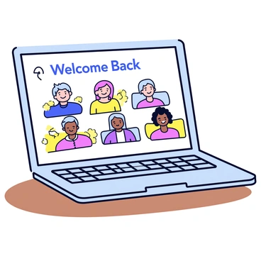 A laptop with a silver finish is placed on a wooden table. The screen displays a virtual meeting interface. Several smiling faces of participants are visible in small boxes, showing a diverse group of individuals. At the top of the screen, there is a large text that reads "Welcome Back" in a friendly font. The background of the meeting appears blurred, focusing on the participants' faces.