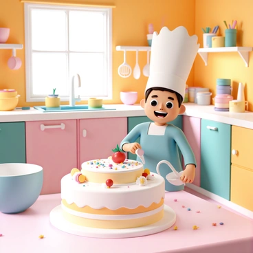 A cartoon character, wearing a blue apron and a tall chef's hat, is joyfully baking a giant cake in a colorful kitchen. The character has big expressive eyes and a wide smile. The kitchen is vibrant, with walls painted in bright orange and yellow, and cabinets in various colors like green and pink. There are mixing bowls, whisks, and colorful sprinkles scattered around the countertop. The giant cake, layered and decorated with frosting and cherries on top, is placed on the center island. There are colorful utensils hanging on the wall and a window letting in sunlight, casting cheerful shadows across the room.