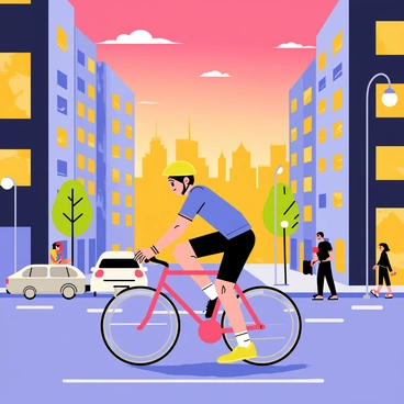 A cyclist wearing a bright yellow helmet and a blue jersey is riding a red bicycle through a bustling cityscape. The cyclist is surrounded by tall buildings with colorful windows reflecting the orange and pink hues of the sunset. Pedestrians are walking along the sidewalks, and a few cars are driving on the street. Streetlights are beginning to turn on, casting a warm glow. In the background, a skyline silhouette is visible against the vibrant sky, creating a lively urban atmosphere.