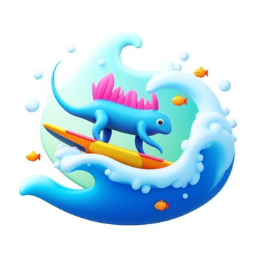 An axolotl with pink, frilly gills and a sleek body is riding a surfboard. The surfboard is brightly colored with a vibrant design. The axolotl balances on the crest of a playful underwater wave, which is glistening with bubbles and light reflections. The scene is filled with various shades of blue and green, depicting the underwater environment. Surrounding the axolotl, there are small fish swimming playfully, adding to the lively atmosphere of the image.