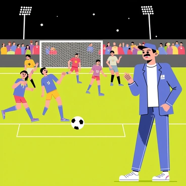 A nighttime soccer game taking place on a green field illuminated by bright floodlights. Players in colorful jerseys are actively engaged in the game, running and kicking a black and white soccer ball. "Ted Lasso," a man with a mustache wearing a blue jacket and a cap, stands on the sidelines, clapping and encouraging the players. The background features a cheering crowd with animated expressions, and the sky is dark with twinkling stars, adding to the lively atmosphere of the event.