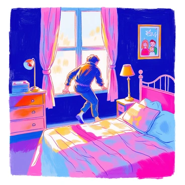 An intruder with dark clothing is carefully climbing through a partially open window in a dimly lit room. The room is filled with shadows, and faint light filters through sheer curtains. There is an old wooden chest at the foot of the bed, and a bedside lamp casts a soft glow on the walls. The intruder is looking around cautiously, ensuring no one is watching. A framed photograph on the wall shows a family, adding an element of tension to the scene.